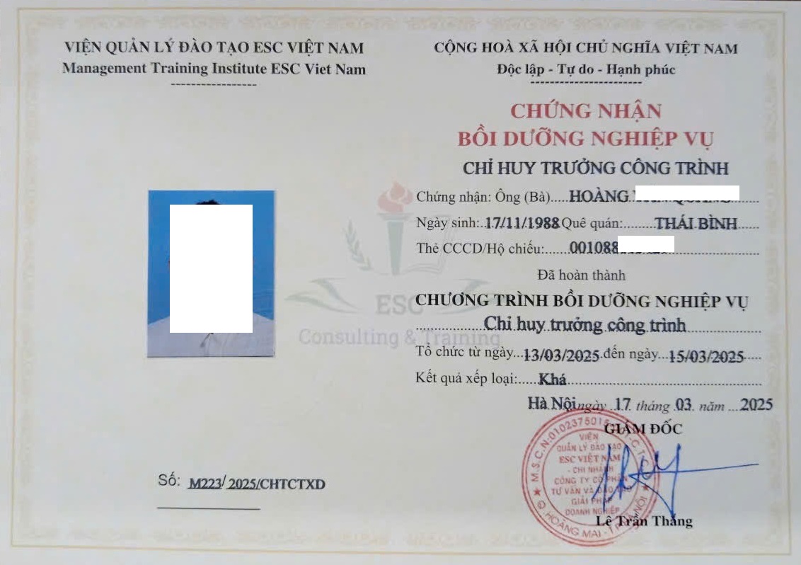 chứng chỉ chỉ huy trưởng công trình